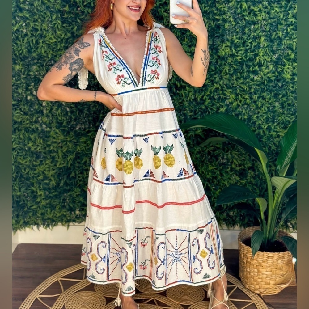 FARM Rio White Long Dress with Colorful Top Embroidery Size S
